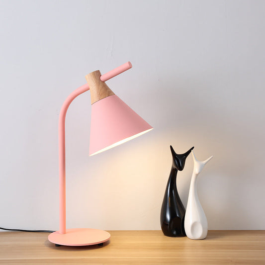 Contemporary Scandinavian Solid Wood Iron Conical Shade 1-Light Table Lamp For Bedroom
