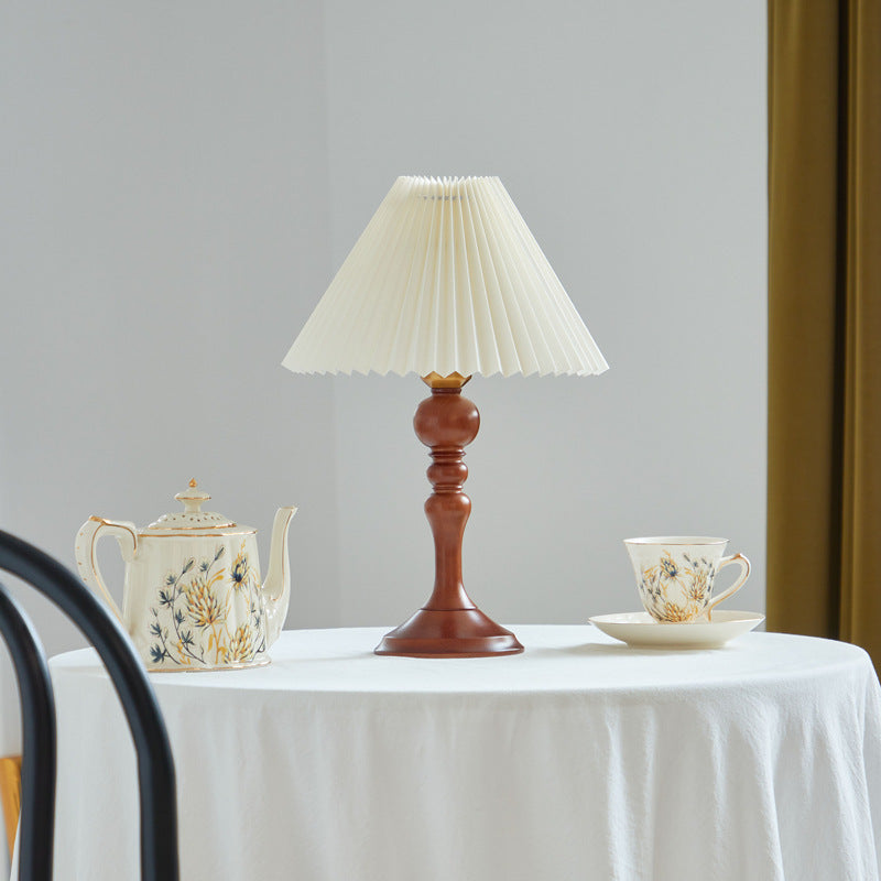Traditional Vintage Solid Wood Linen Conical Shade 1-Light Table Lamp For Bedroom