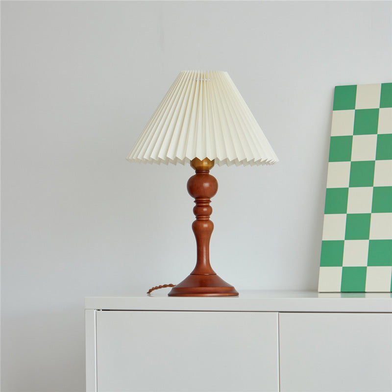 Traditional Vintage Solid Wood Linen Conical Shade 1-Light Table Lamp For Bedroom
