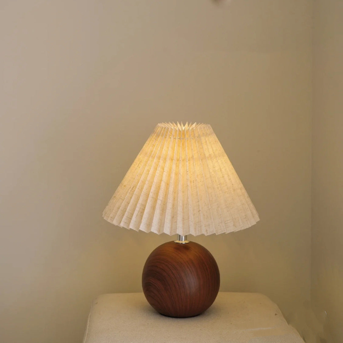 Contemporary Retro Pleated Fabric Conical Shade Walnut Wood Grain Base 1-Light Table Lamp For Bedroom