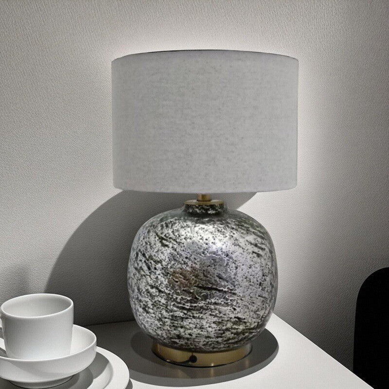 Modern Shabby Chic Glass Imitating Rock Stone Texture Fabric Round Shade 1-Light Table Lamp For Bedroom