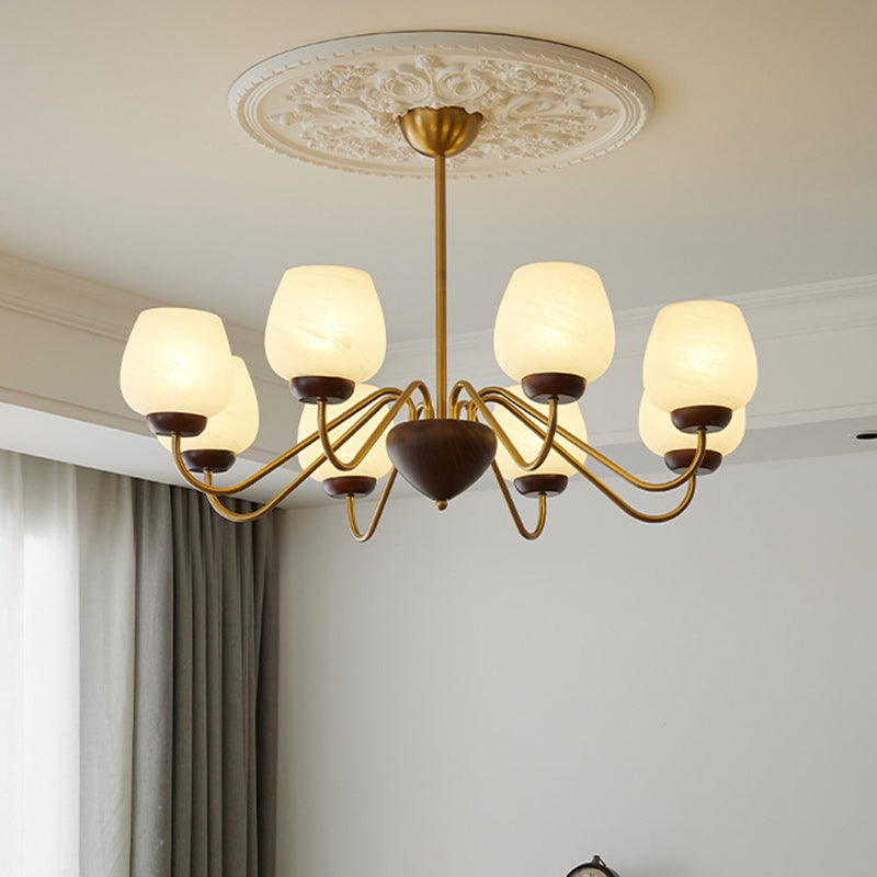 Traditional French Solid Wood Curved Iron Glass Cup Shade 3/5/8-Light Chandelier For Living Room