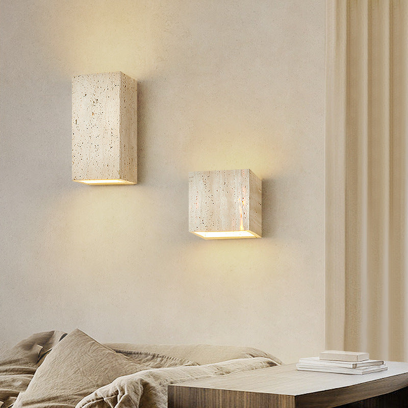 Traditional Japanese Beige Travertine Cube LED Wall Sconce Lamp For Bedroom