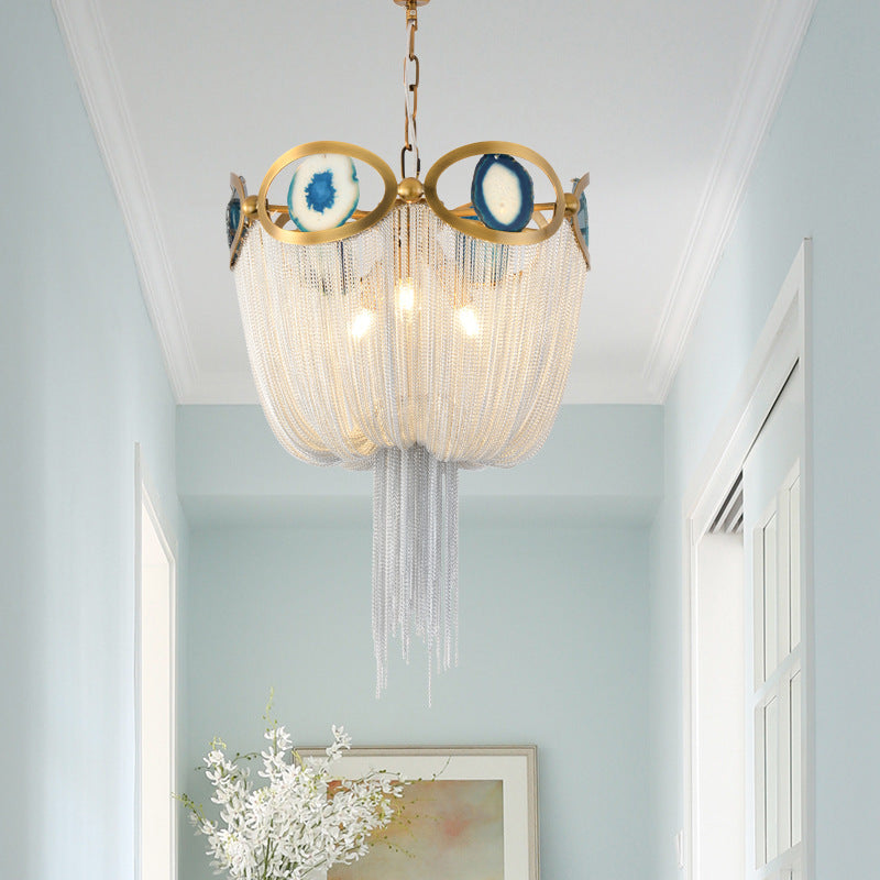 Contemporary Creative Round Agate Bead Aluminum Chain 3-Light Chandelier For Living Room