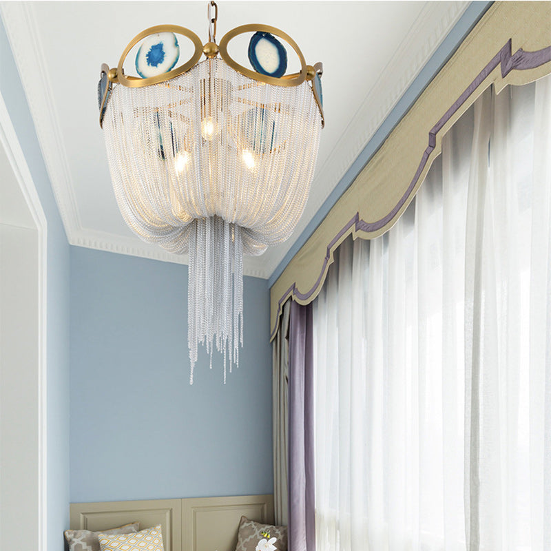 Contemporary Creative Round Agate Bead Aluminum Chain 3-Light Chandelier For Living Room