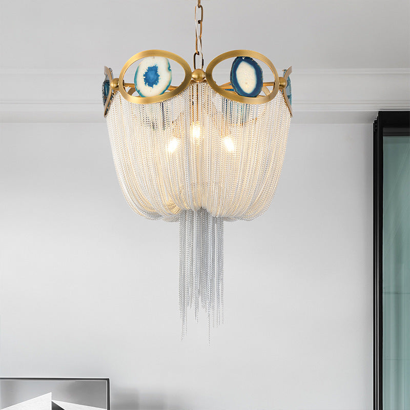 Contemporary Creative Round Agate Bead Aluminum Chain 3-Light Chandelier For Living Room