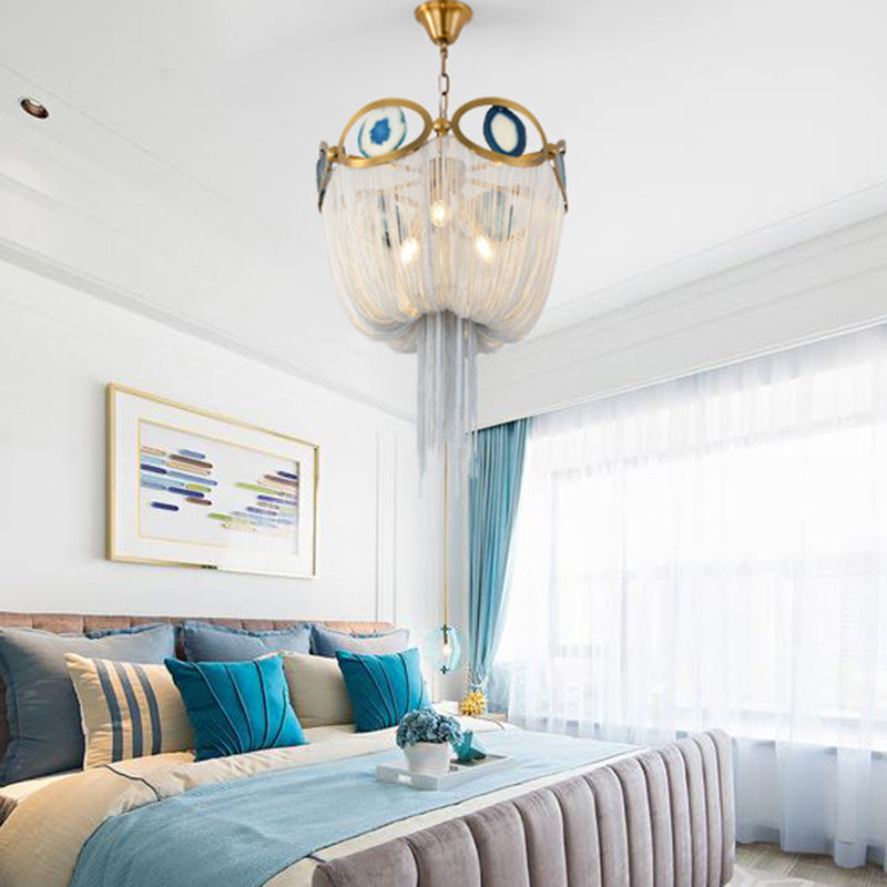 Contemporary Creative Round Agate Bead Aluminum Chain 3-Light Chandelier For Living Room