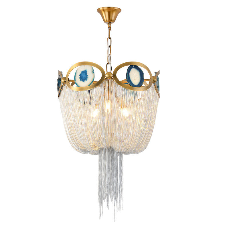 Contemporary Creative Round Agate Bead Aluminum Chain 3-Light Chandelier For Living Room