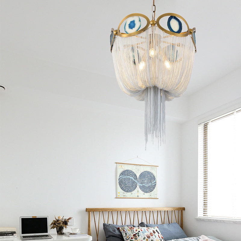 Contemporary Creative Round Agate Bead Aluminum Chain 3-Light Chandelier For Living Room