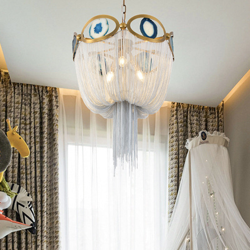 Contemporary Creative Round Agate Bead Aluminum Chain 3-Light Chandelier For Living Room