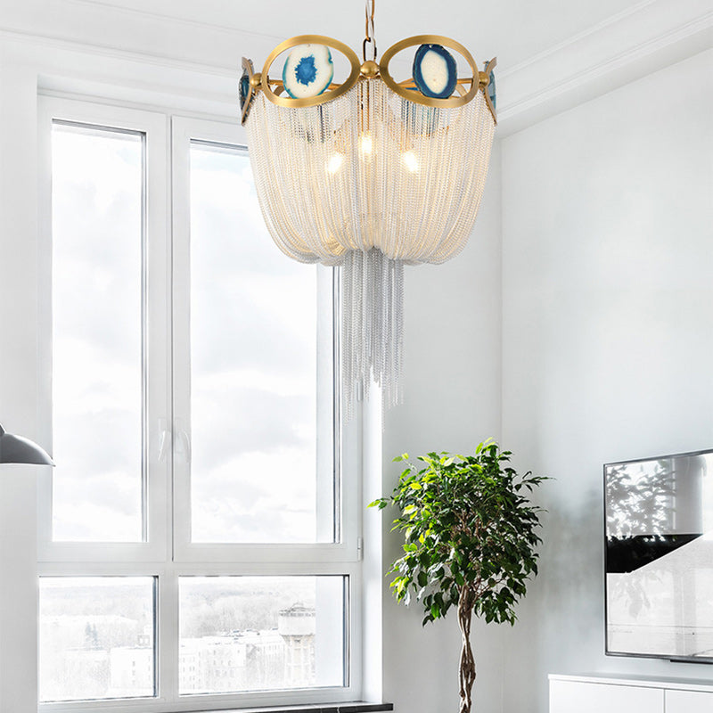 Contemporary Creative Round Agate Bead Aluminum Chain 3-Light Chandelier For Living Room