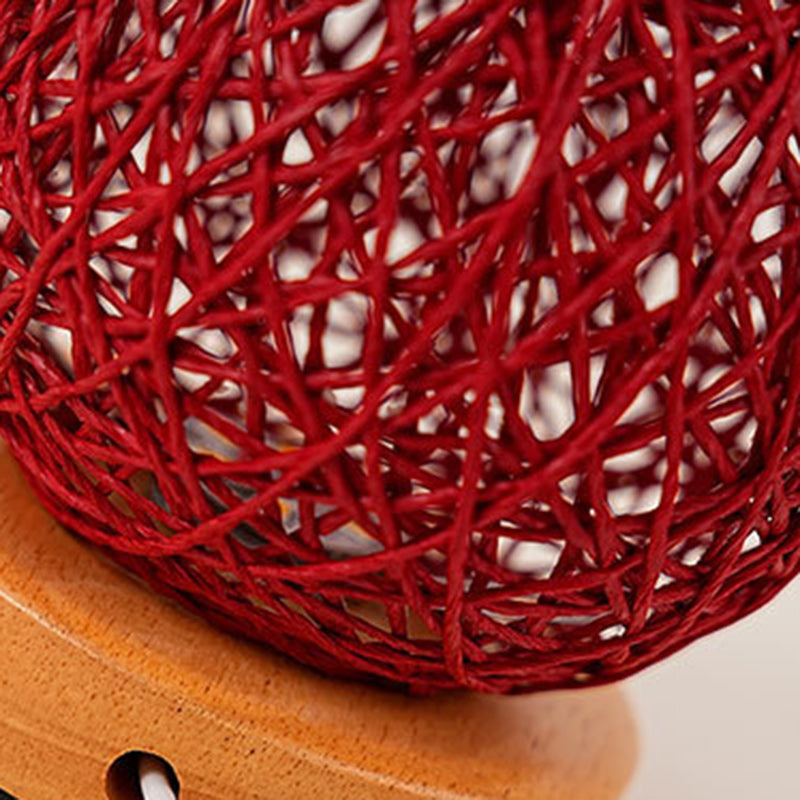 Traditional Chinese Red Rattan Ball Shade LED Night Light Table Lamp For Bedroom