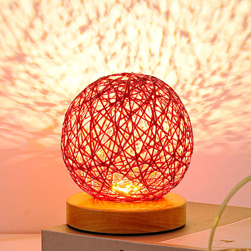 Traditional Chinese Red Rattan Ball Shade LED Night Light Table Lamp For Bedroom