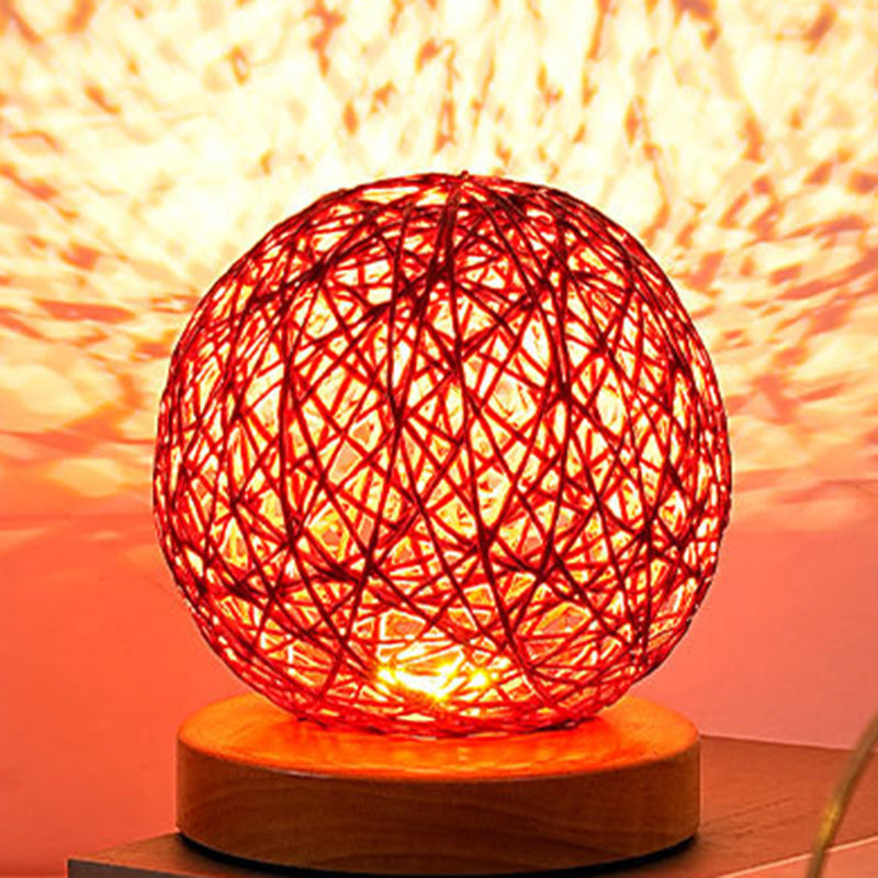 Traditional Chinese Red Rattan Ball Shade LED Night Light Table Lamp For Bedroom