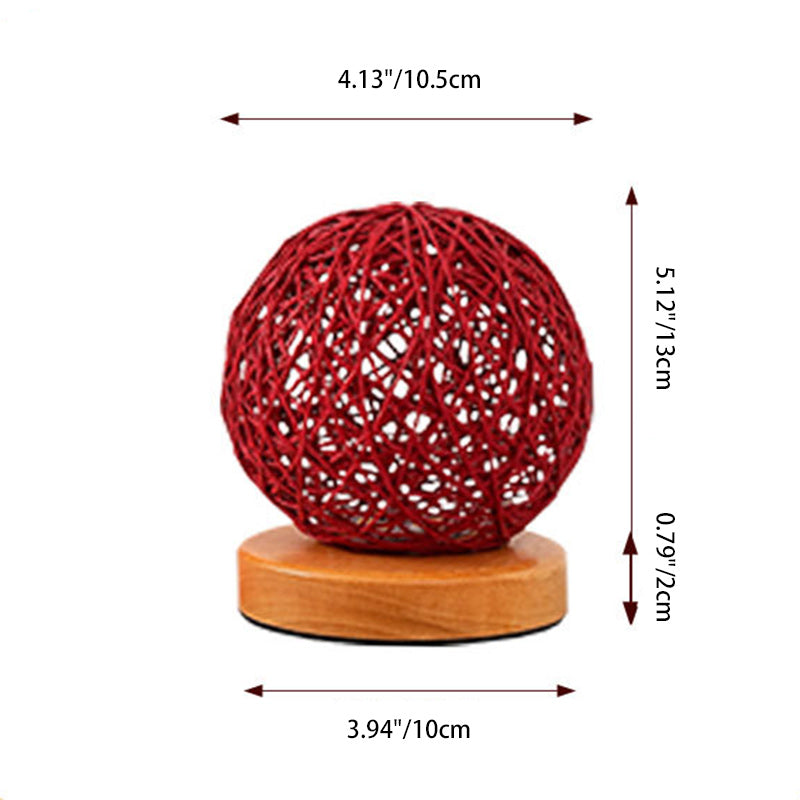 Traditional Chinese Red Rattan Ball Shade LED Night Light Table Lamp For Bedroom