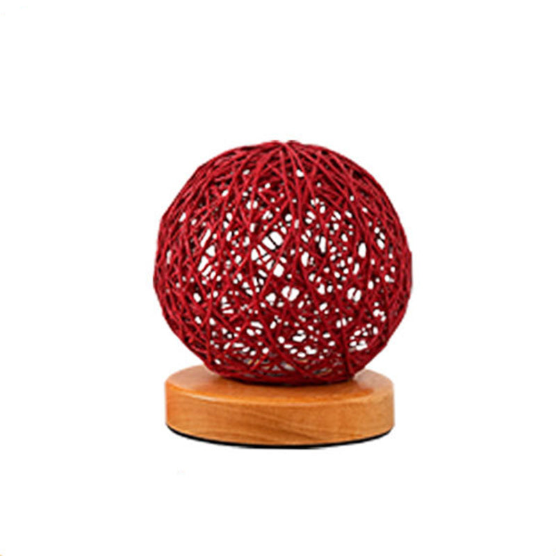 Traditional Chinese Red Rattan Ball Shade LED Night Light Table Lamp For Bedroom