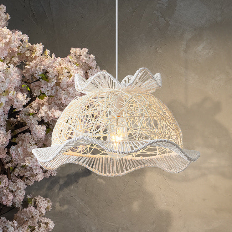 Modern Art Deco Rattan Wave Straw Hat Iron 1-Light Pendant Light For Living Room