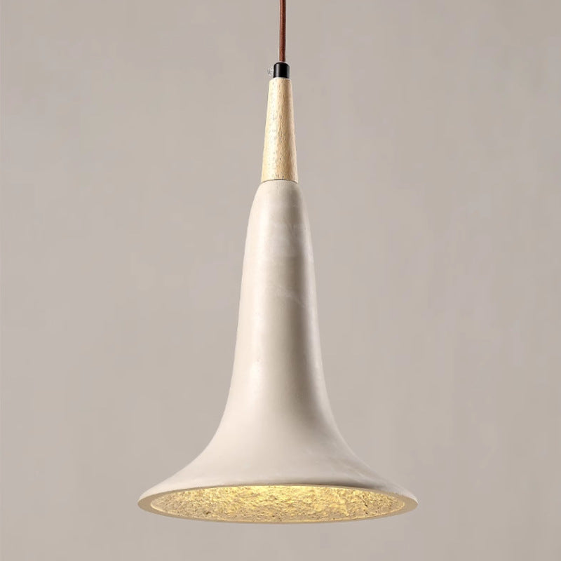Traditional Japanese Solid Wood Concrete Trumpet Shade 1-Light Pendant Light For Living Room