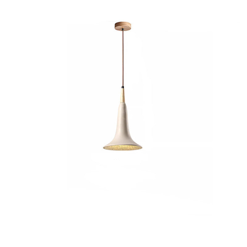 Traditional Japanese Solid Wood Concrete Trumpet Shade 1-Light Pendant Light For Living Room