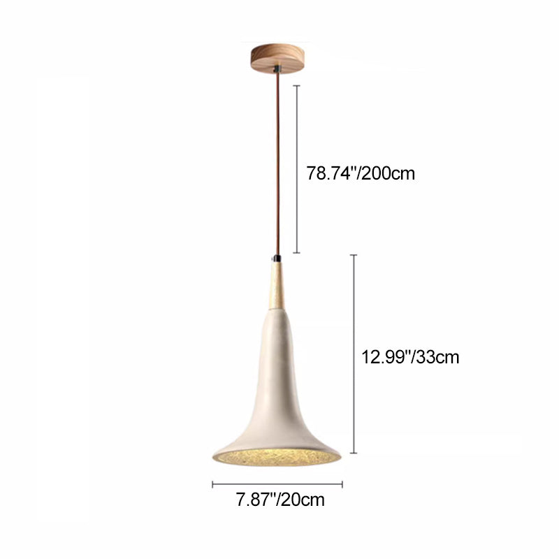 Traditional Japanese Solid Wood Concrete Trumpet Shade 1-Light Pendant Light For Living Room