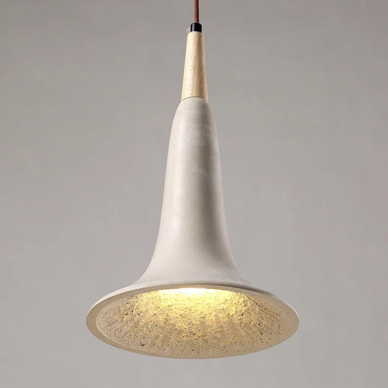 Traditional Japanese Solid Wood Concrete Trumpet Shade 1-Light Pendant Light For Living Room