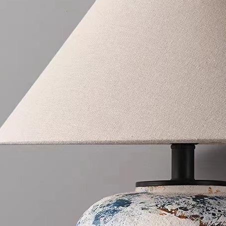 Traditional Japanese Fabric Tapered Shade Handmade Ceramic Jar 1-Light Table Lamp For Bedroom