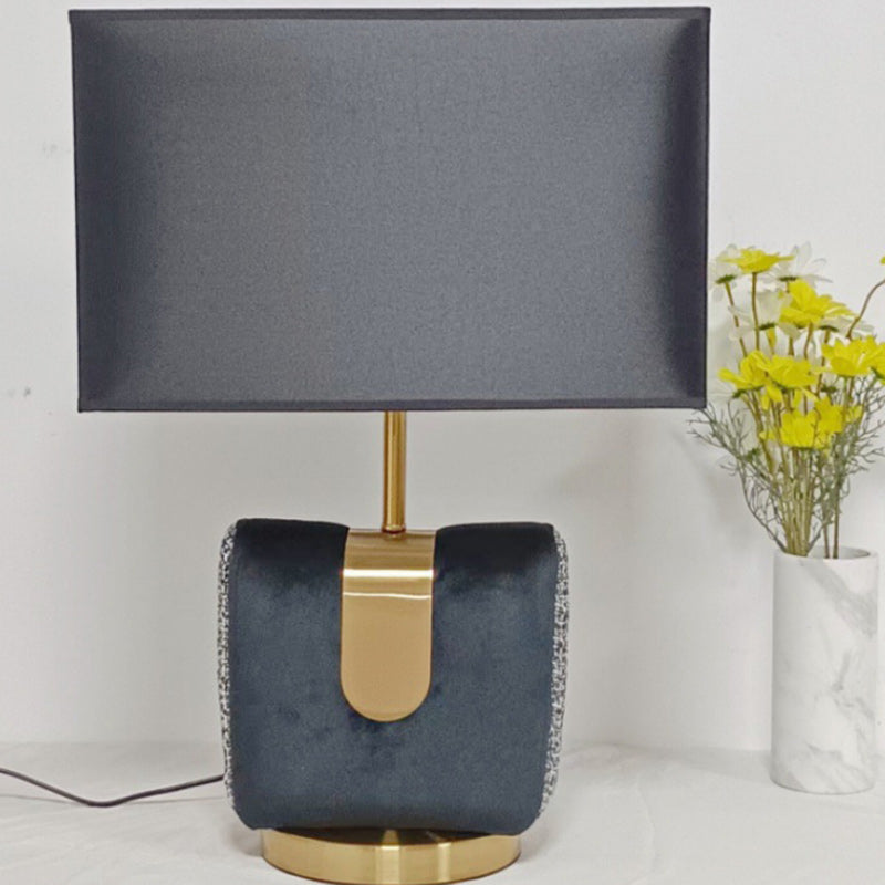 Modern Eclectic Fabric Square Shade Leather Iron 1-Light Table Lamp For Bedroom