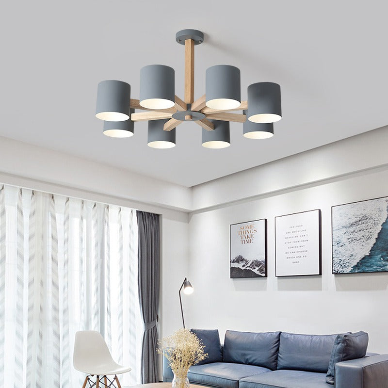 Contemporary Scandinavian Solid Wood Frame Hardware Cylinder Shade 6/8-Light Semi-Flush Mount Ceiling Light For Living Room