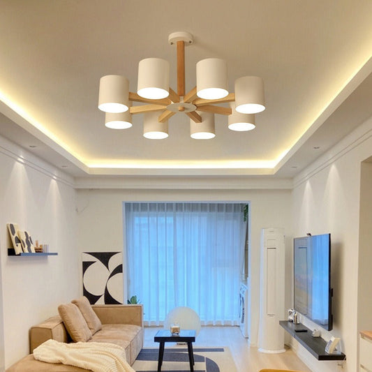 現代的なスカンジナビア風無垢材フレームハードウェアシリンダーシェード6/8ライトセミフラッシュマウントシーリングライトリビングルーム用