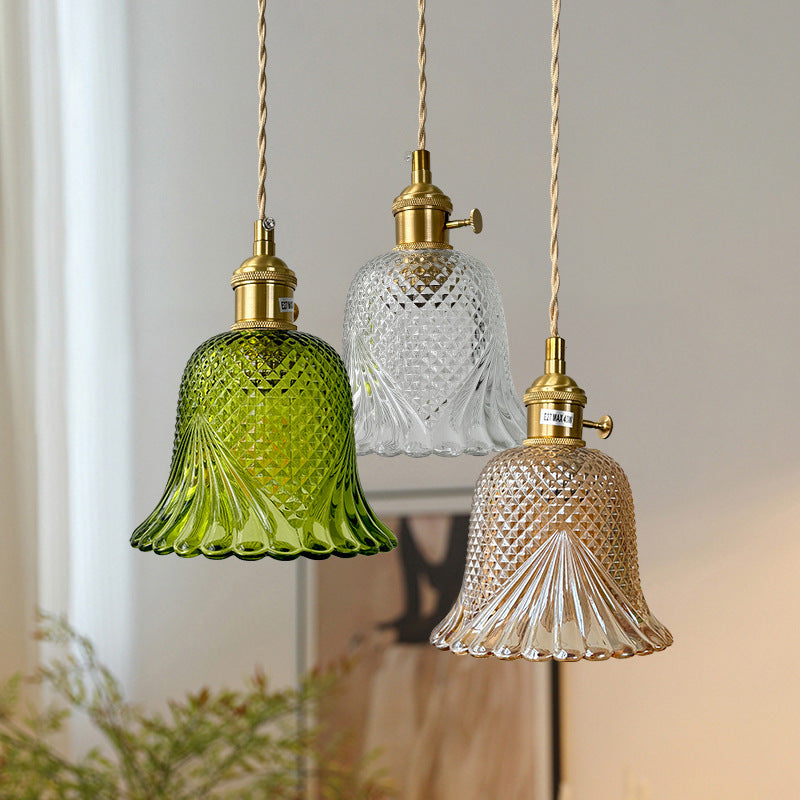 Contemporary Retro Checkered Glass Flower Shade Brass Solid Wood 1-Light Pendant Light For Bedroom