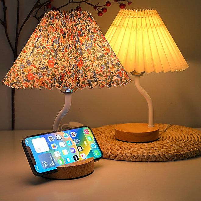 Modern Art Deco Pleated Floral Print Conical Fabric Shade Solid Wood Built-In Shelf Base LED Table Lamp Night Light For Bedroom
