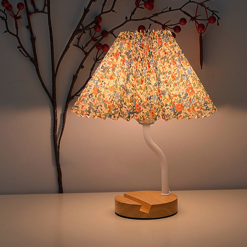 Modern Art Deco Pleated Floral Print Conical Fabric Shade Solid Wood Built-In Shelf Base LED Table Lamp Night Light For Bedroom