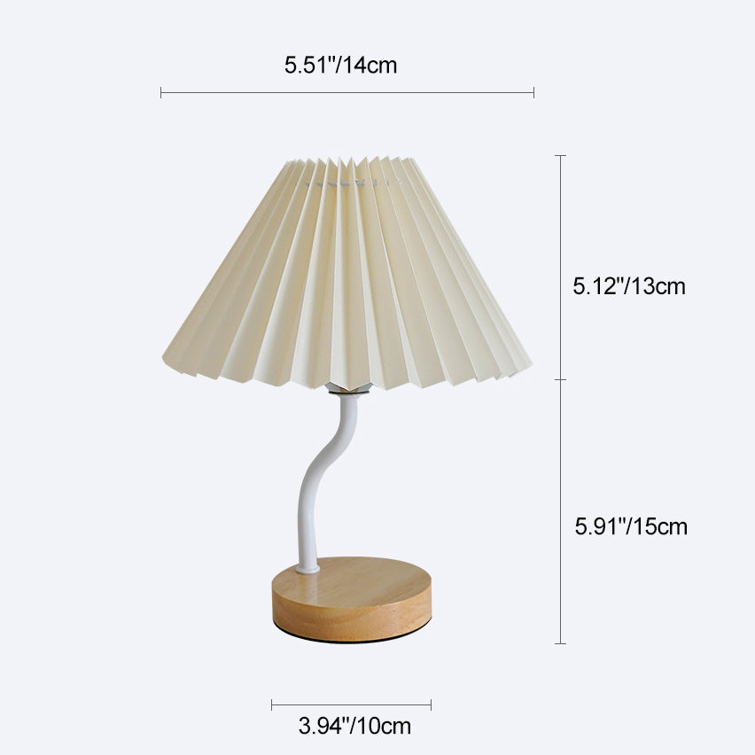 Modern Art Deco Pleated Floral Print Conical Fabric Shade Solid Wood Built-In Shelf Base LED Table Lamp Night Light For Bedroom