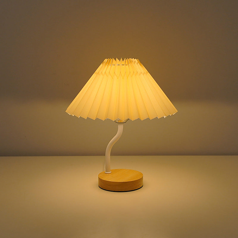 Modern Art Deco Pleated Floral Print Conical Fabric Shade Solid Wood Built-In Shelf Base LED Table Lamp Night Light For Bedroom