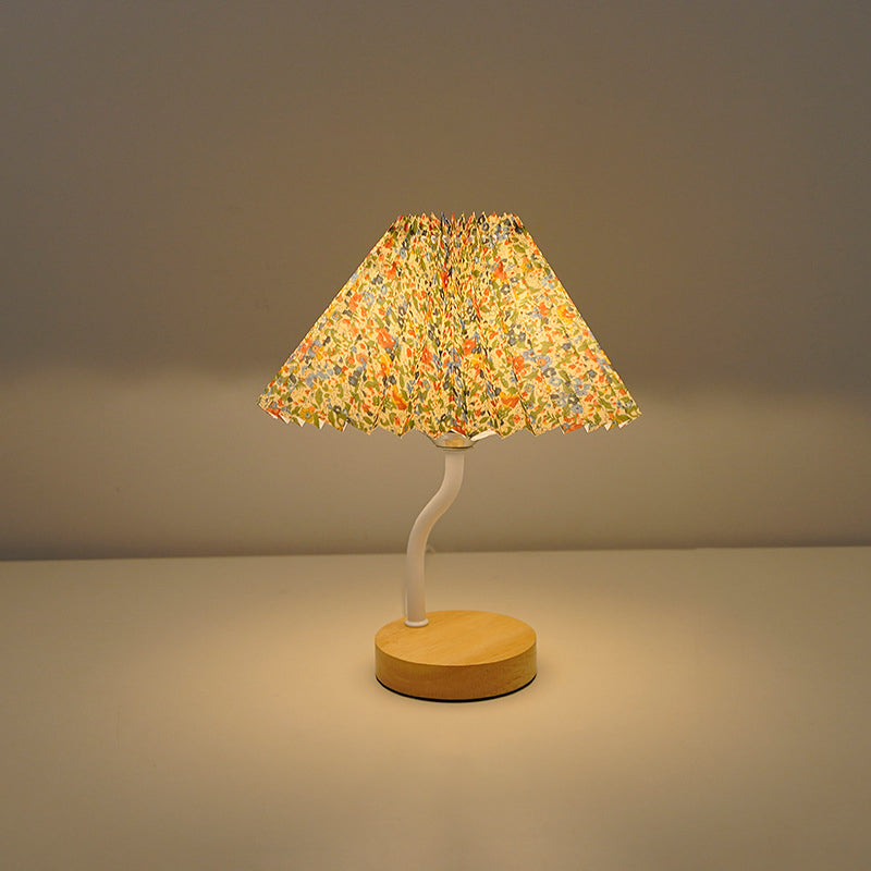 Modern Art Deco Pleated Floral Print Conical Fabric Shade Solid Wood Built-In Shelf Base LED Table Lamp Night Light For Bedroom