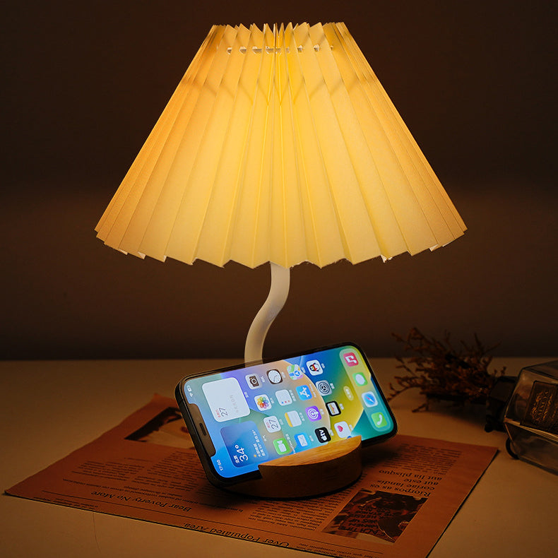 Modern Art Deco Pleated Floral Print Conical Fabric Shade Solid Wood Built-In Shelf Base LED Table Lamp Night Light For Bedroom