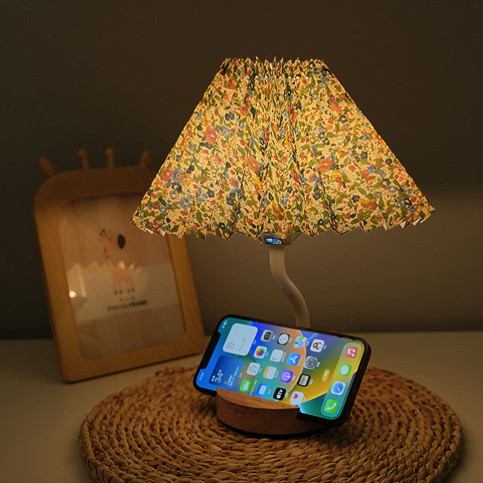 Modern Art Deco Pleated Floral Print Conical Fabric Shade Solid Wood Built-In Shelf Base LED Table Lamp Night Light For Bedroom