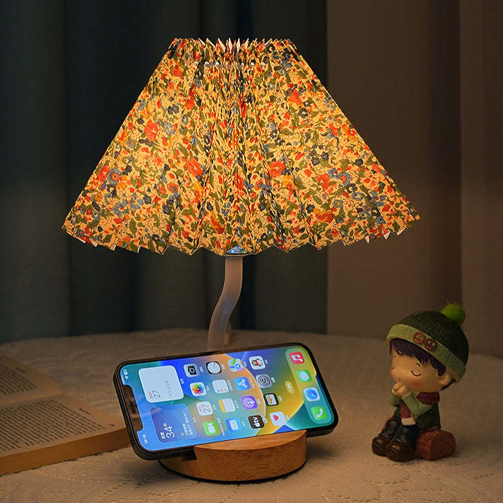 Modern Art Deco Pleated Floral Print Conical Fabric Shade Solid Wood Built-In Shelf Base LED Table Lamp Night Light For Bedroom