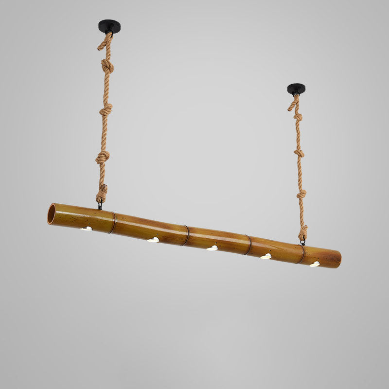 Traditional Rustic Straight Line Bamboo Hemp Rope LED Island Light Pendant Light For Living Room