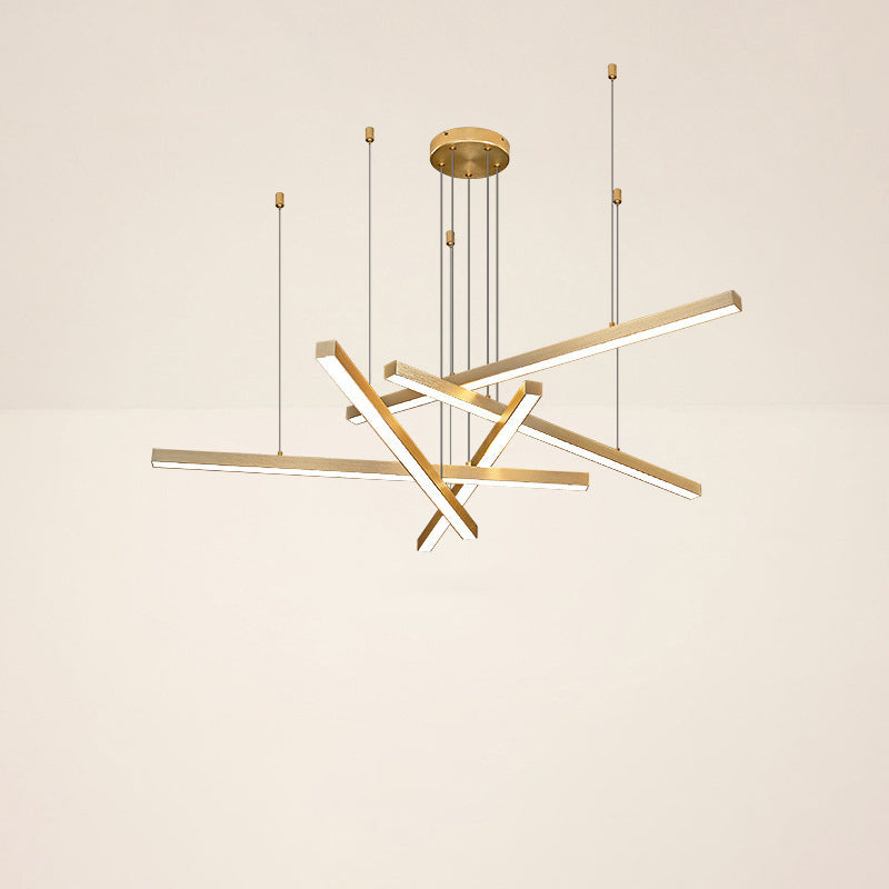 Contemporary Luxury Geometric Intersecting Long Strip Aluminum Acrylic LED Chandelier For Living Room