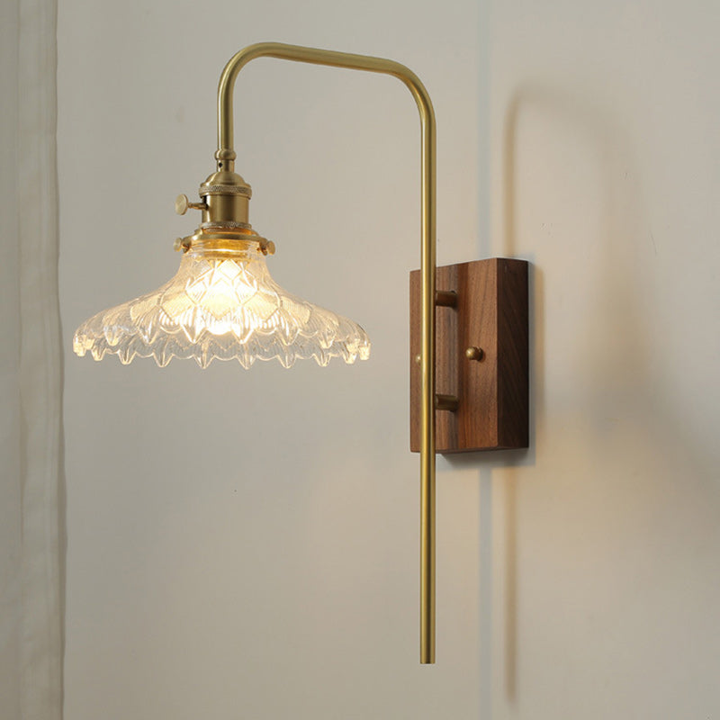 Traditional Vintage Walnut Wood Brass Flower Glass Shade 1-Light Wall Sconce Lamp For Living Room
