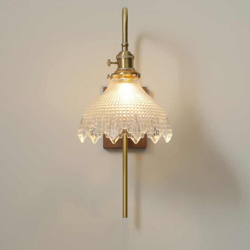 Traditional Vintage Walnut Wood Brass Flower Glass Shade 1-Light Wall Sconce Lamp For Living Room