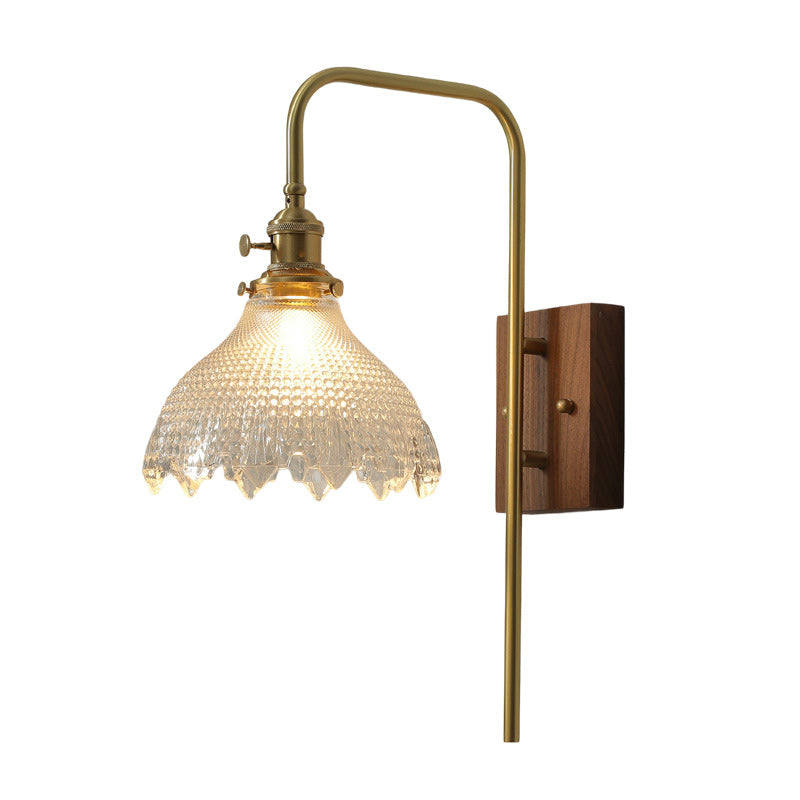 Traditional Vintage Walnut Wood Brass Flower Glass Shade 1-Light Wall Sconce Lamp For Living Room