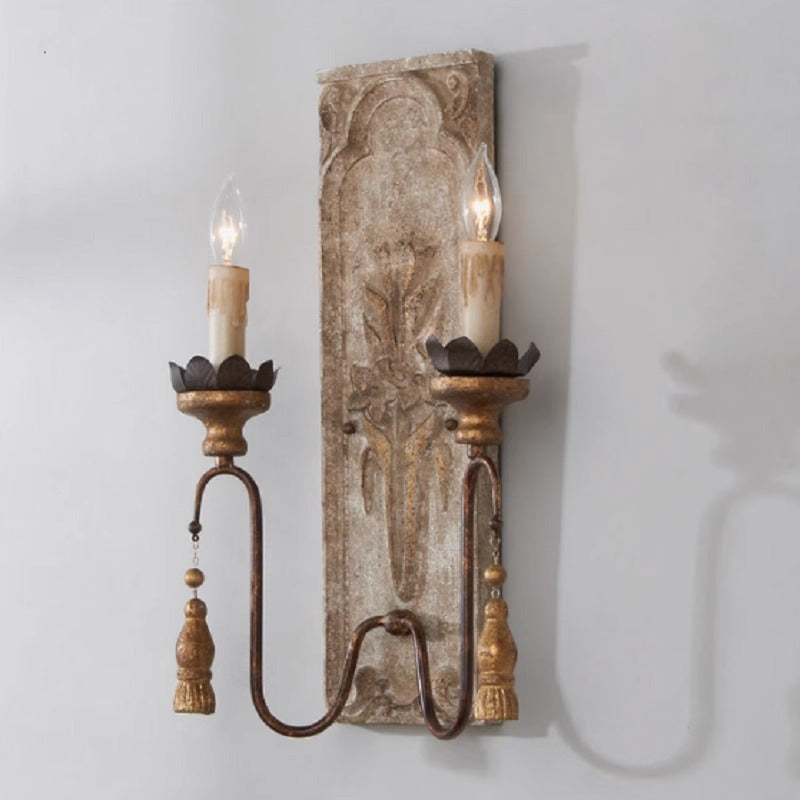 Traditional Rustic Distressed Solid Wood Iron Candelabra 2-Light Wall Sconce Lamp For Living Room