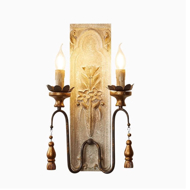 Traditional Rustic Distressed Solid Wood Iron Candelabra 2-Light Wall Sconce Lamp For Living Room