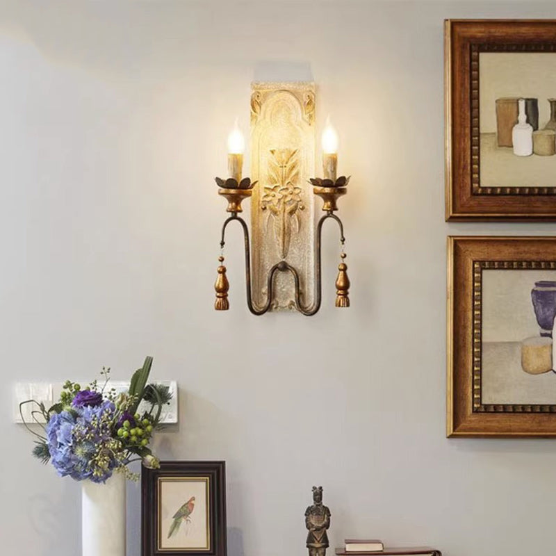 Traditional Rustic Distressed Solid Wood Iron Candelabra 2-Light Wall Sconce Lamp For Living Room