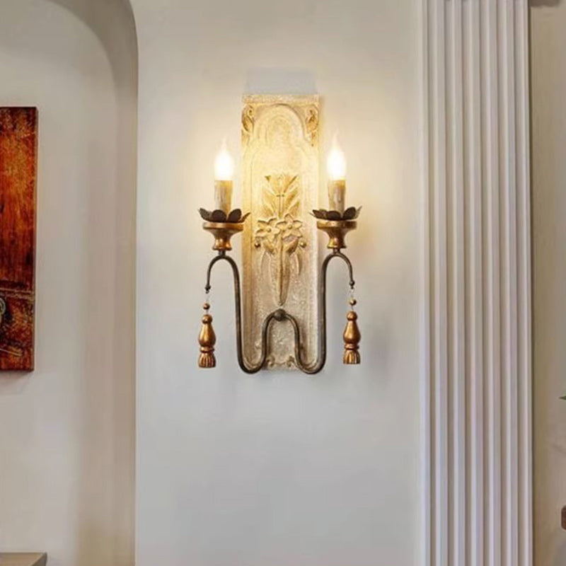 Traditional Rustic Distressed Solid Wood Iron Candelabra 2-Light Wall Sconce Lamp For Living Room
