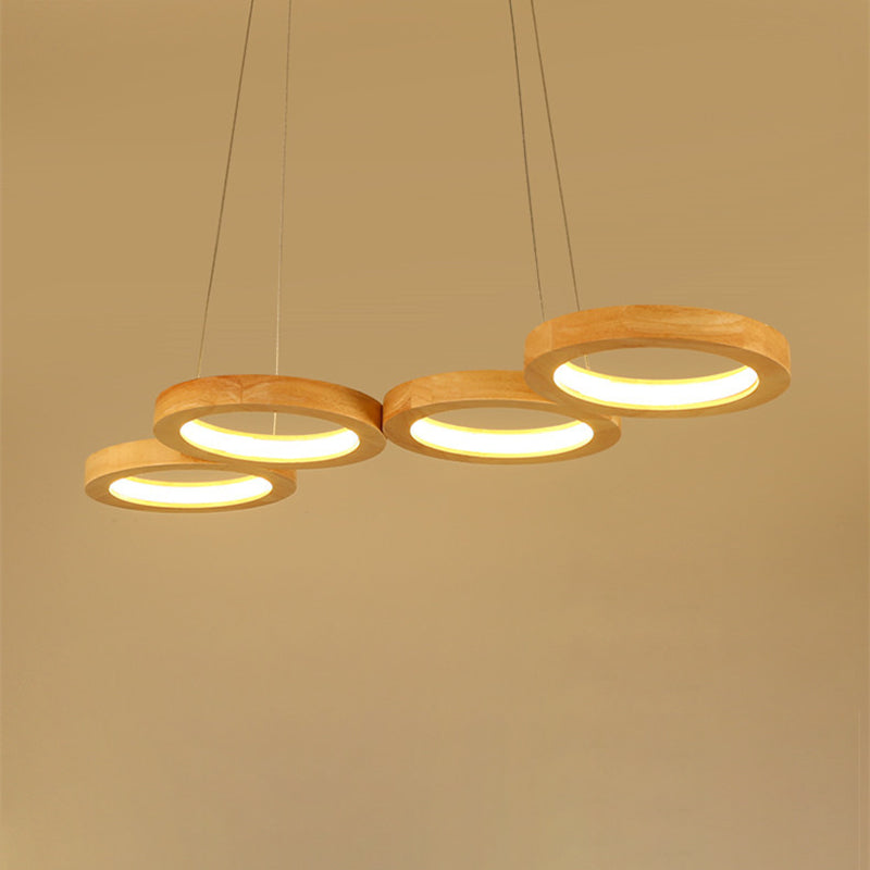 Traditional Japanese Solid Wood Geometry Circle Ring LED Chandelier Island Light For Living Room