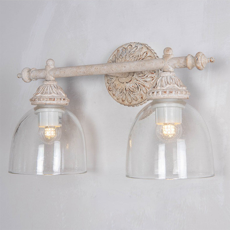 Traditional Rustic Distressed Carved Iron Glass Cup Shade 2-Light Mirror Front Wall Sconce Lamp For Bathroom