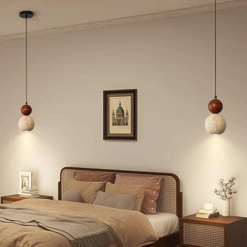 Contemporary Retro Travertine Globe Ball Shade Wood 1-Light Pendant Light For Bedroom